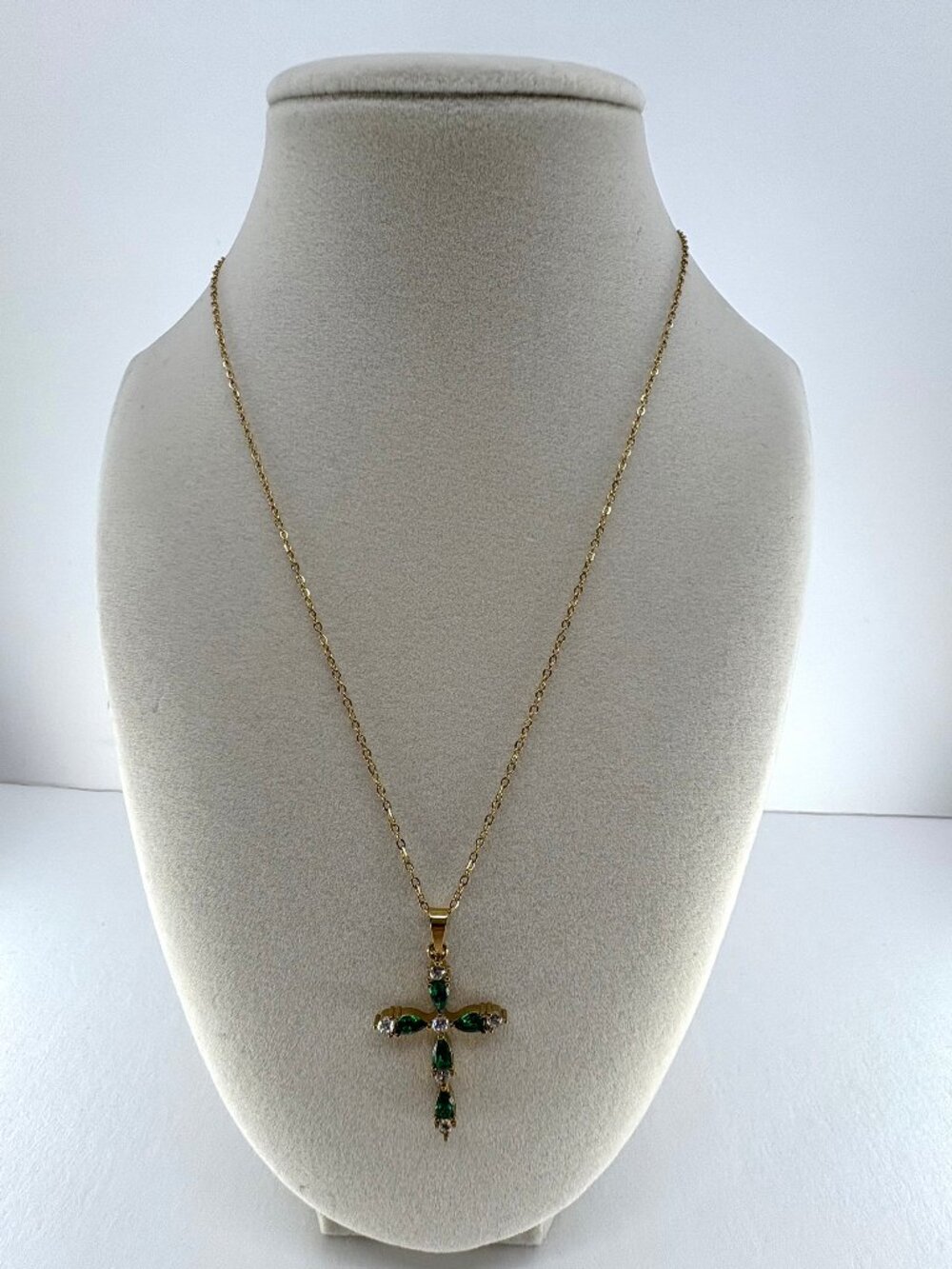 18K Gold Plated Stainless Steel Green CZ Cross Pendant 18"+2" Necklace 3.99g